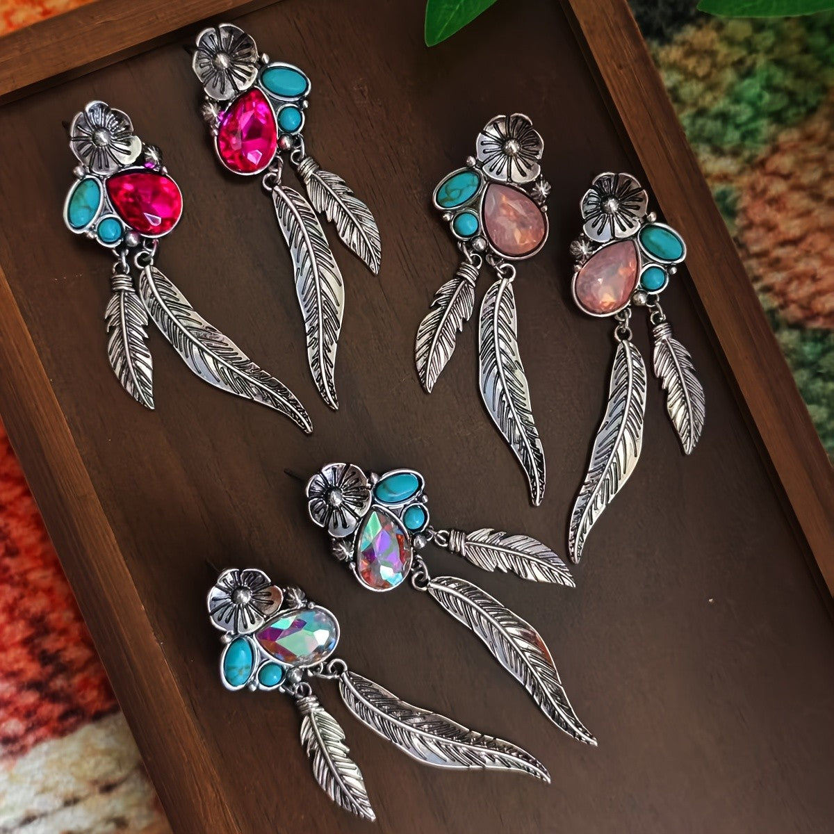 Boho Vintage Turquoise Flower Feather Earrings