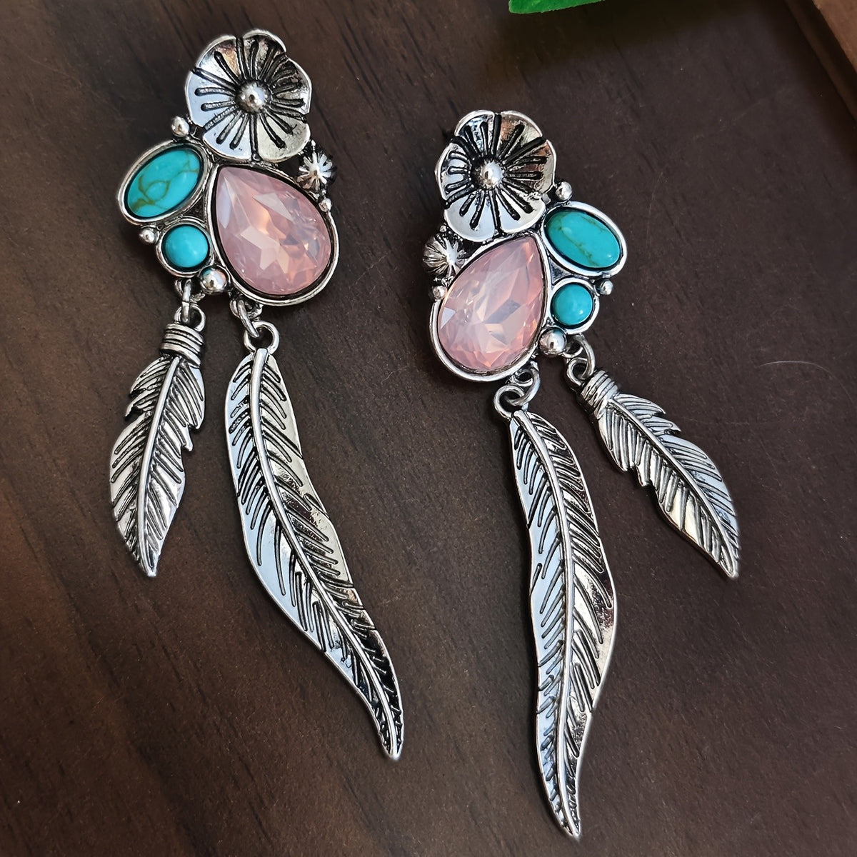 Boho Vintage Turquoise Flower Feather Earrings