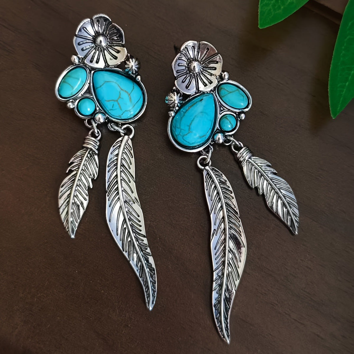 Boho Vintage Turquoise Flower Feather Earrings