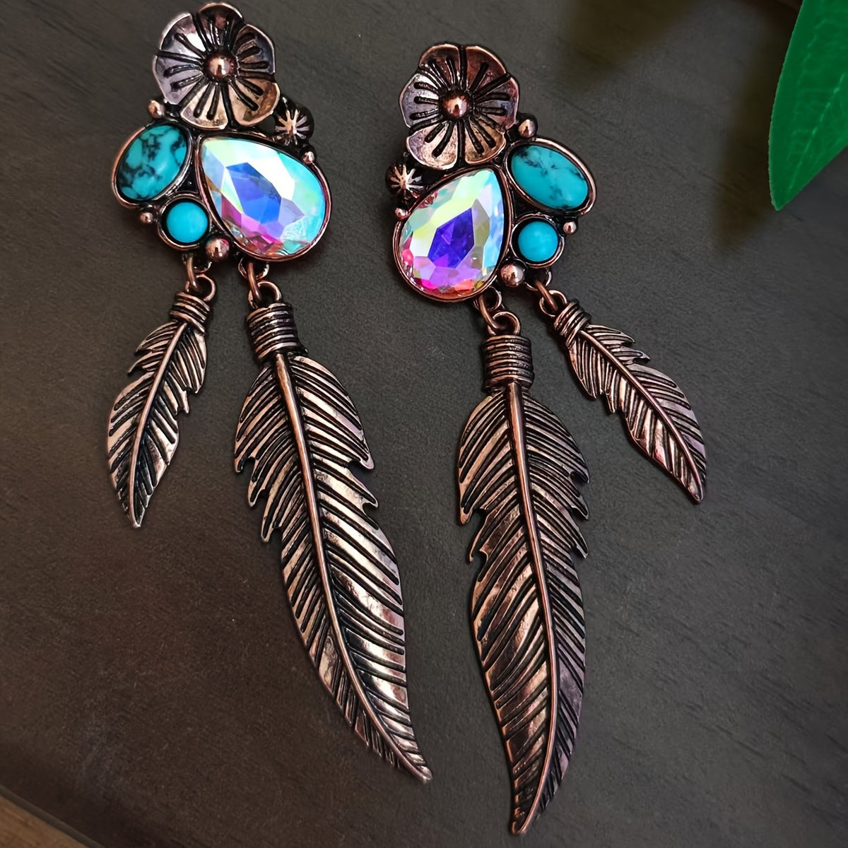 Boho Vintage Turquoise Flower Feather Earrings