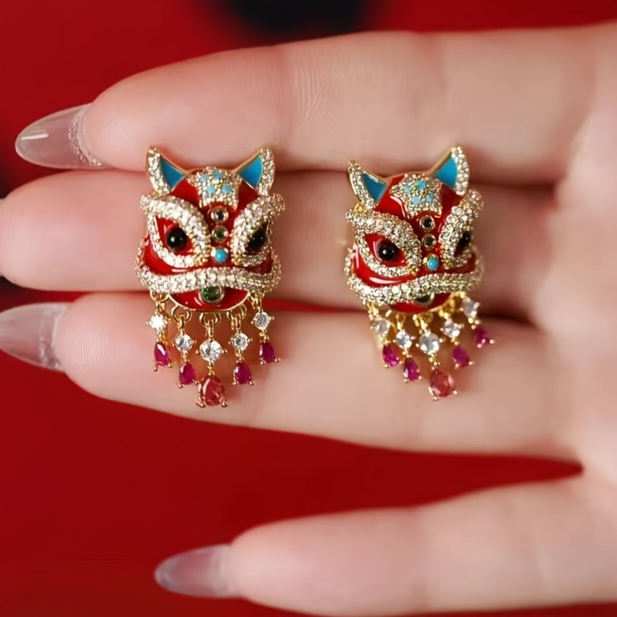 Boho Red Lion Dance Earrings