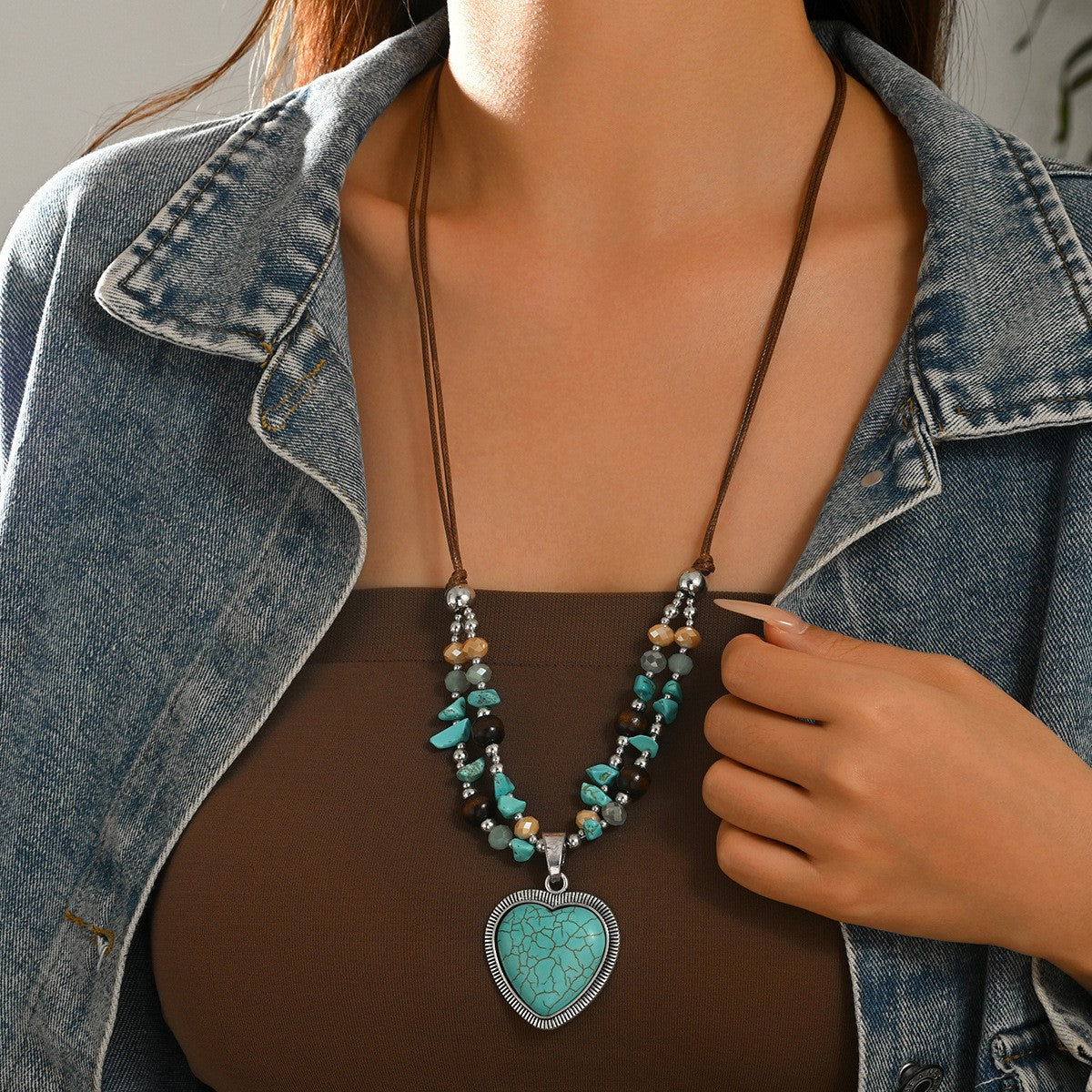 Boho Cracked Turquoise Heart Cord Necklace