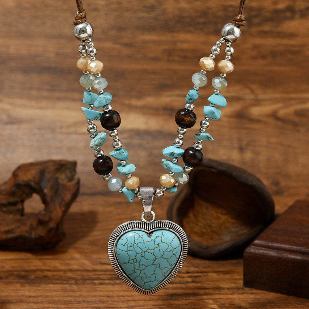 Boho Cracked Turquoise Heart Cord Necklace