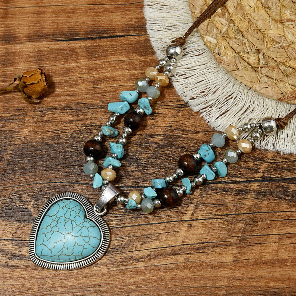 Boho Cracked Turquoise Heart Cord Necklace