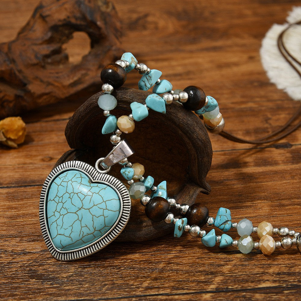 Boho Cracked Turquoise Heart Cord Necklace