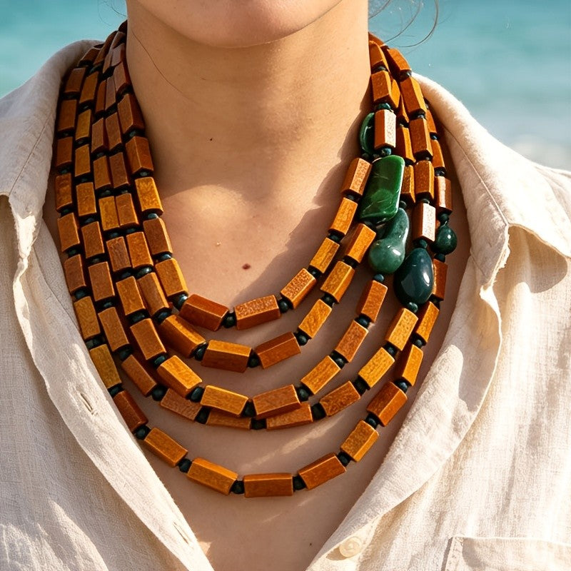 Boho Vintage Wood Block Multi-Strand Necklace