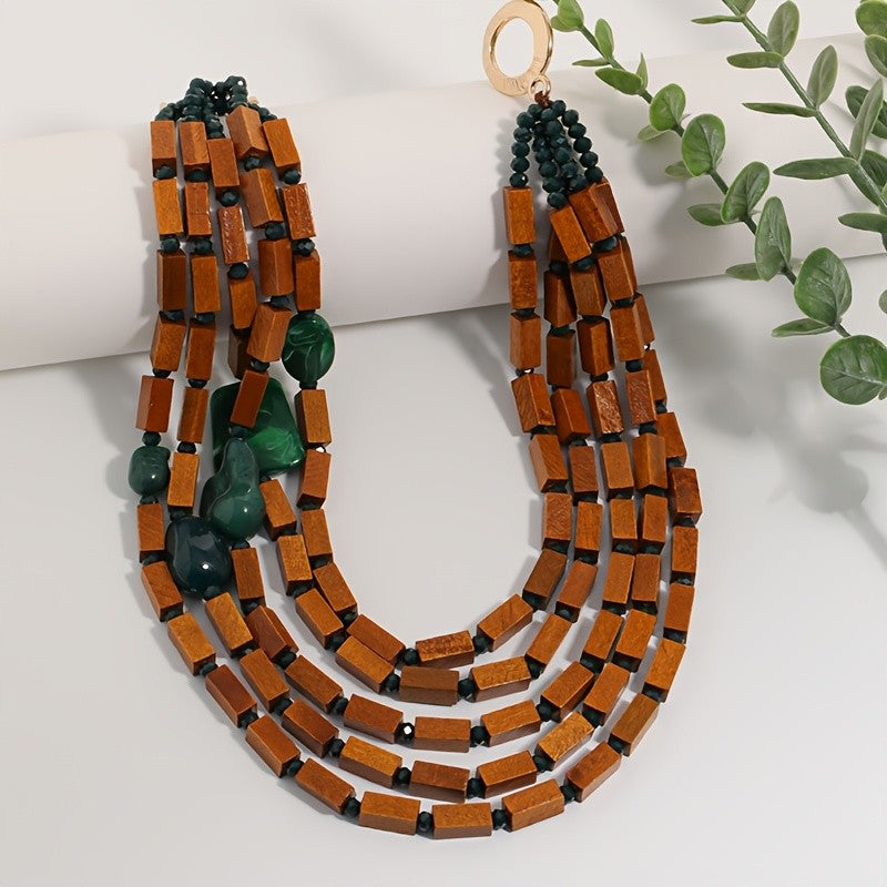 Boho Vintage Wood Block Multi-Strand Necklace