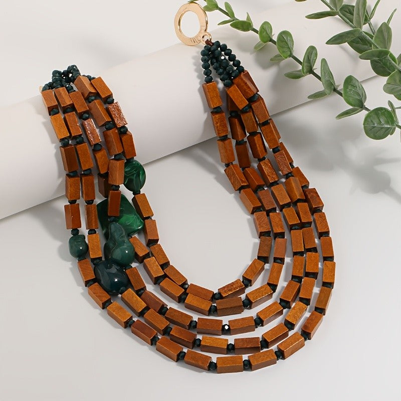 Boho Vintage Wood Block Multi-Strand Necklace