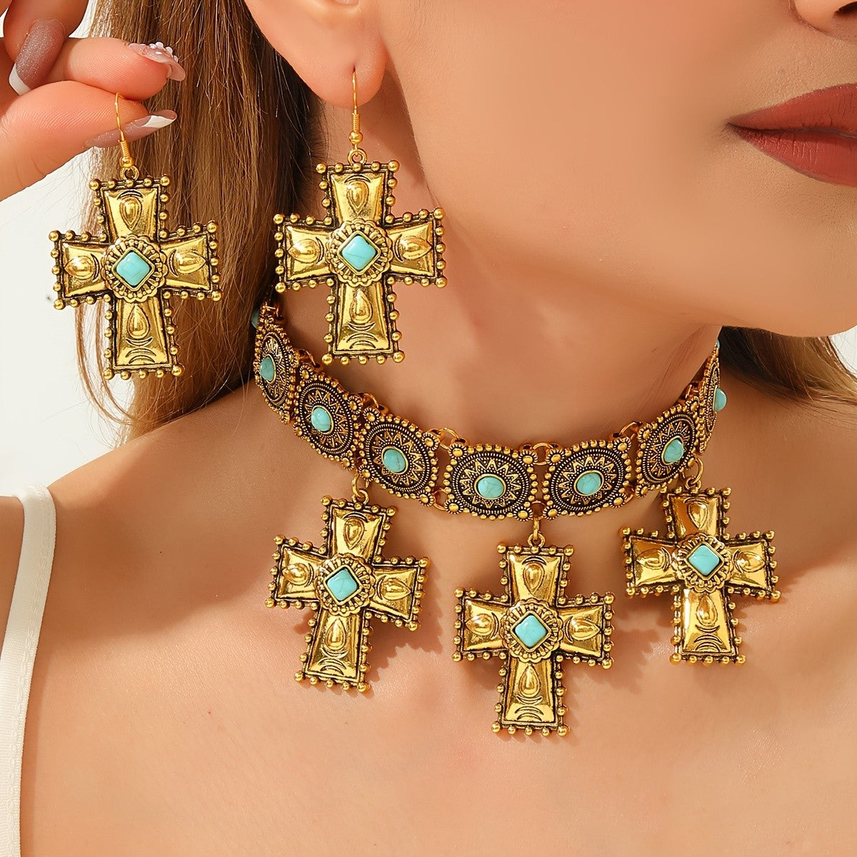 Boho Vintage Cross Choker Set