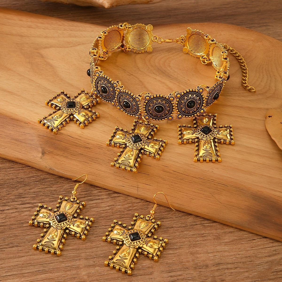Boho Vintage Cross Choker Set