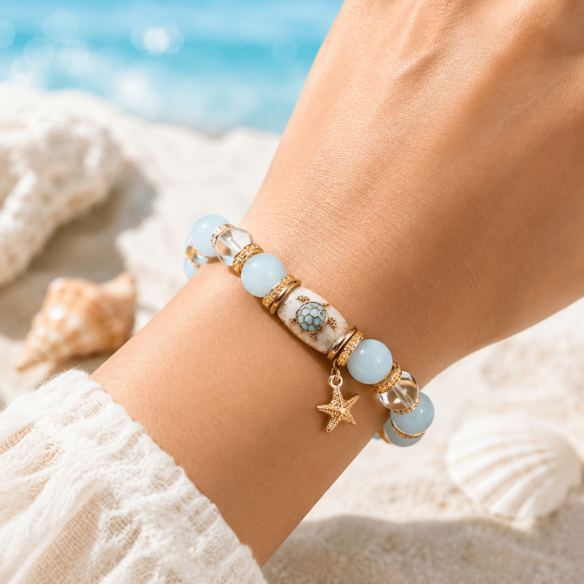 Elegant Sea Turtle Stone Bead Bracelet