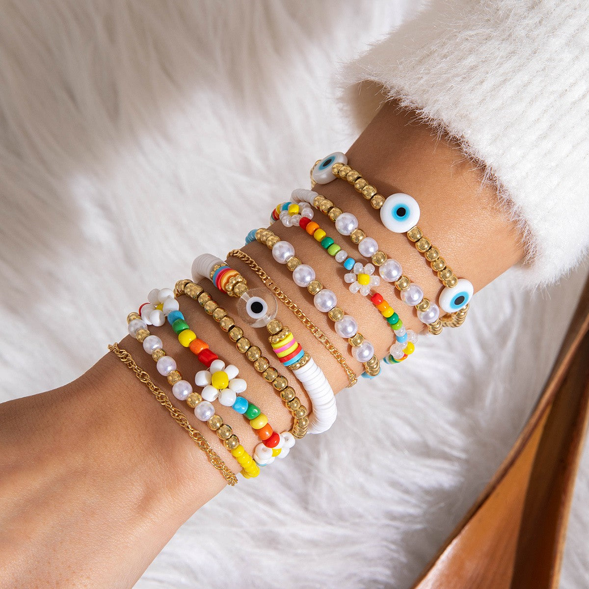 10pc Boho Evil Eye Stacked Bracelet Set