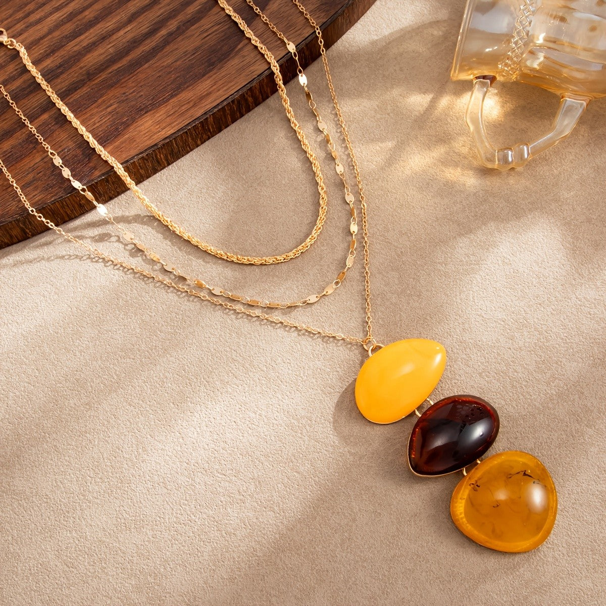 Vintage Amber Resin Layered Necklace Set