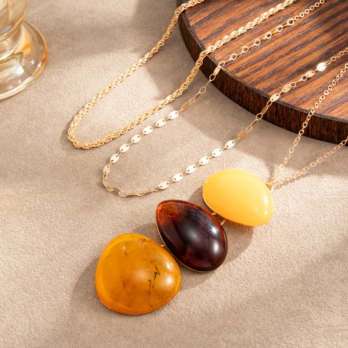 Vintage Amber Resin Layered Necklace Set