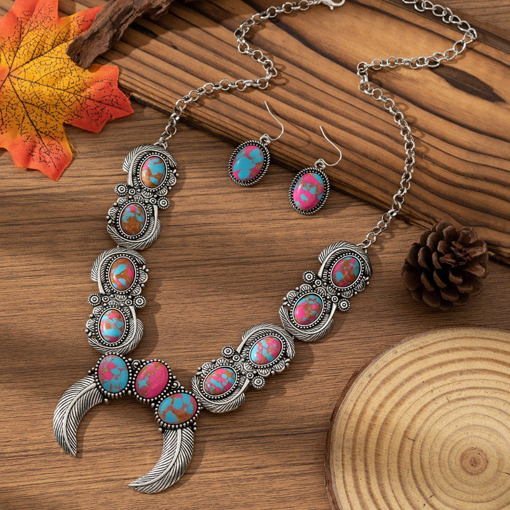 Boho Turquoise Feather Necklace & Earring Set