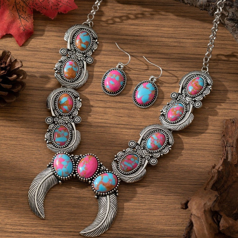 Boho Turquoise Feather Necklace & Earring Set