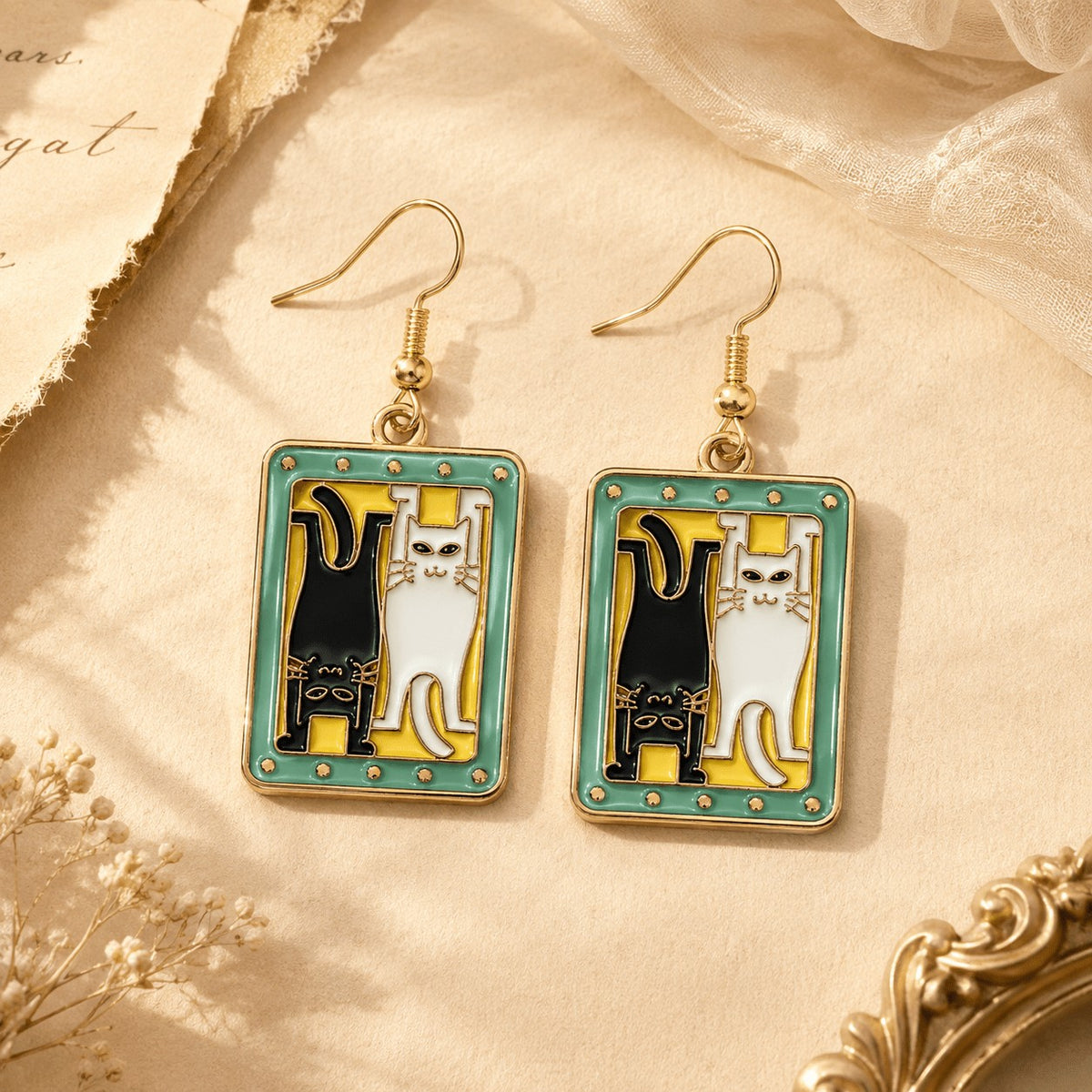 Vintage Black And White Cat Earrings