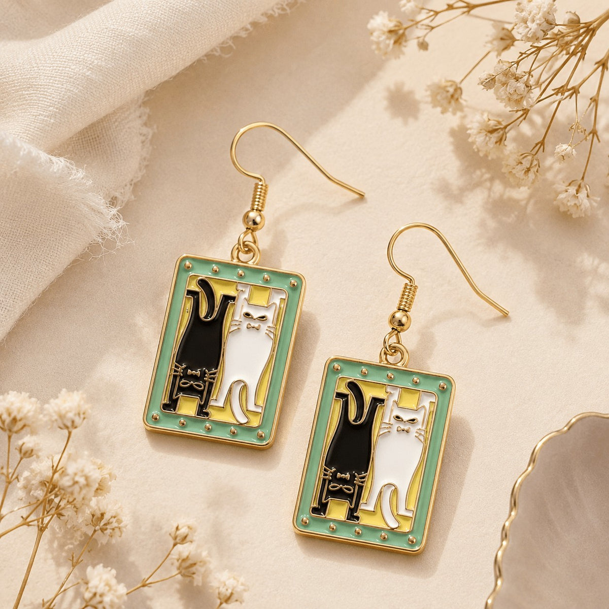 Vintage Black And White Cat Earrings