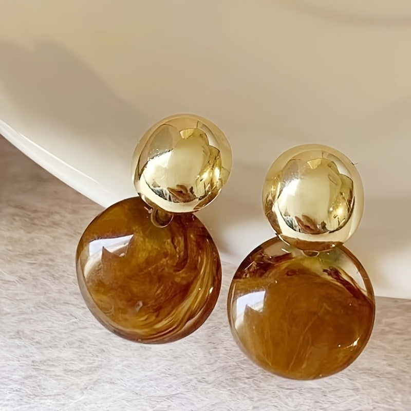 Boho Marbled Amber Sphere Drop Earrings