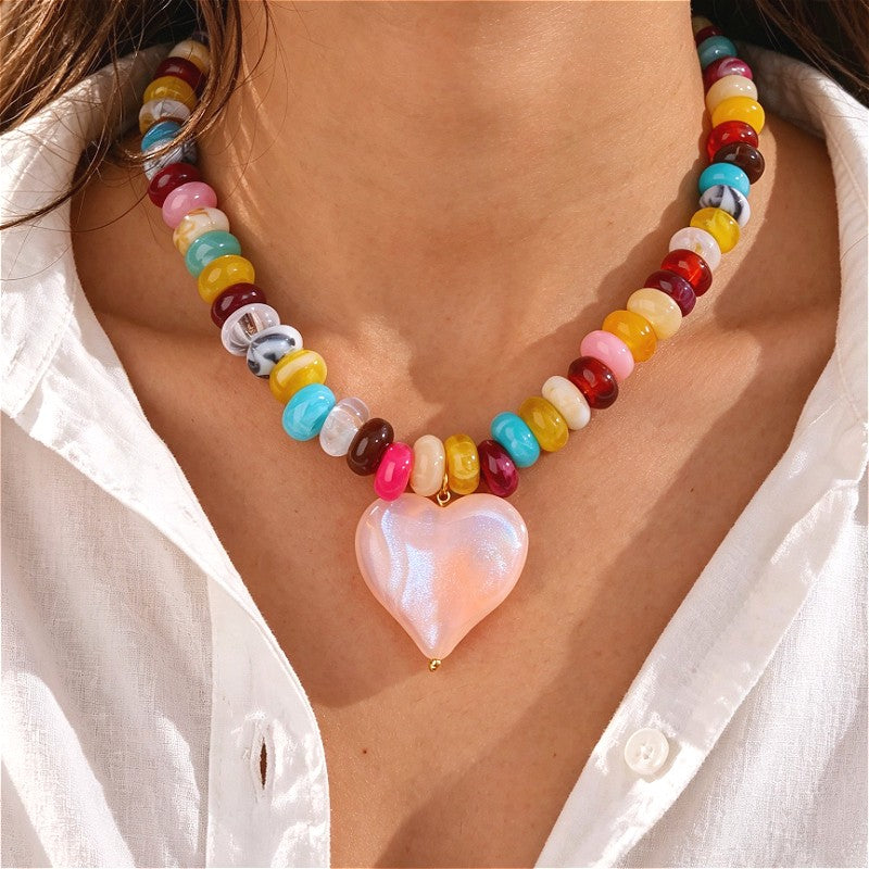 18k Boho Multicolor Beaded Heart Necklace
