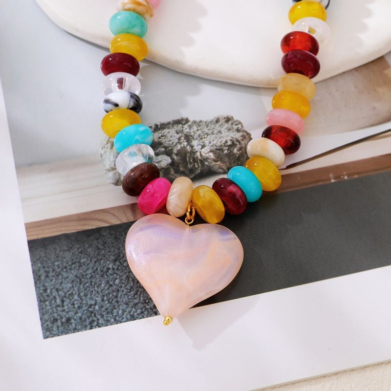 18k Boho Multicolor Beaded Heart Necklace