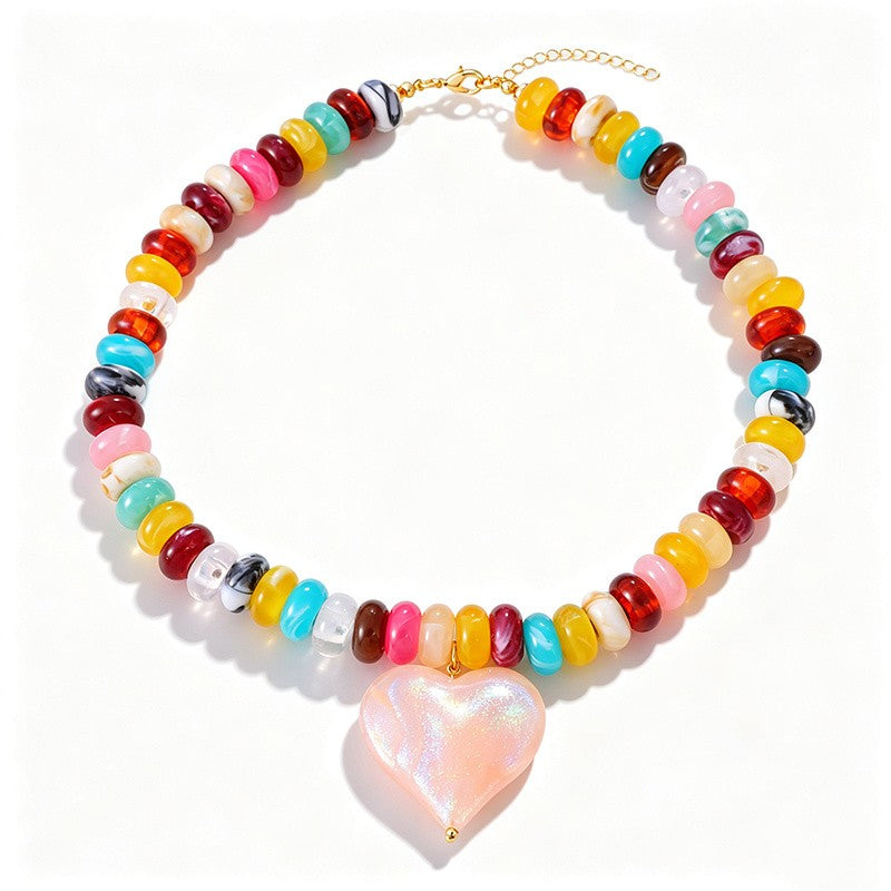 18k Boho Multicolor Beaded Heart Necklace