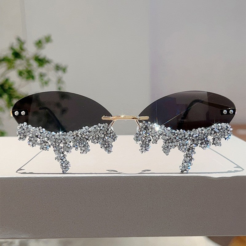 Classy Blue Rhinestone Rimless Sunglasses