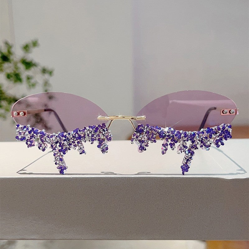 Classy Blue Rhinestone Rimless Sunglasses