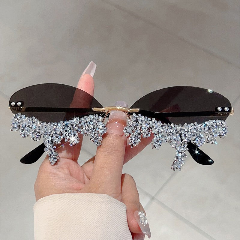 Classy Blue Rhinestone Rimless Sunglasses