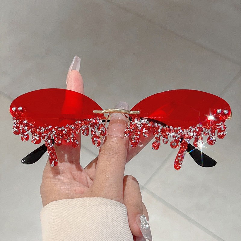 Classy Blue Rhinestone Rimless Sunglasses