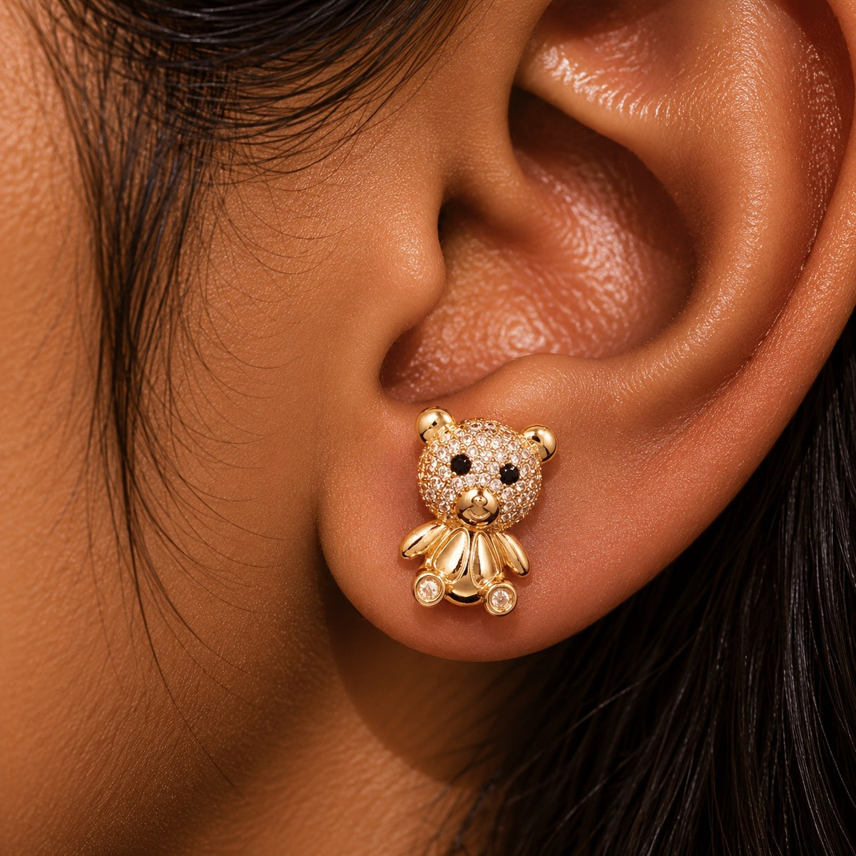14k Dainty Zircon Bear Stud Earrings