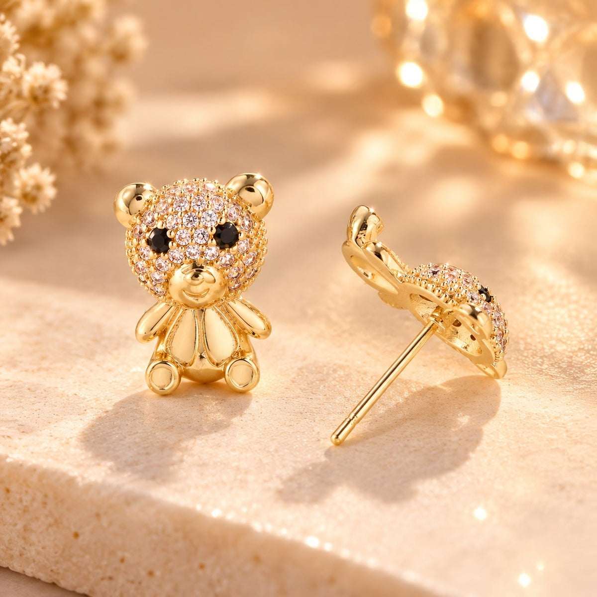 14k Dainty Zircon Bear Stud Earrings