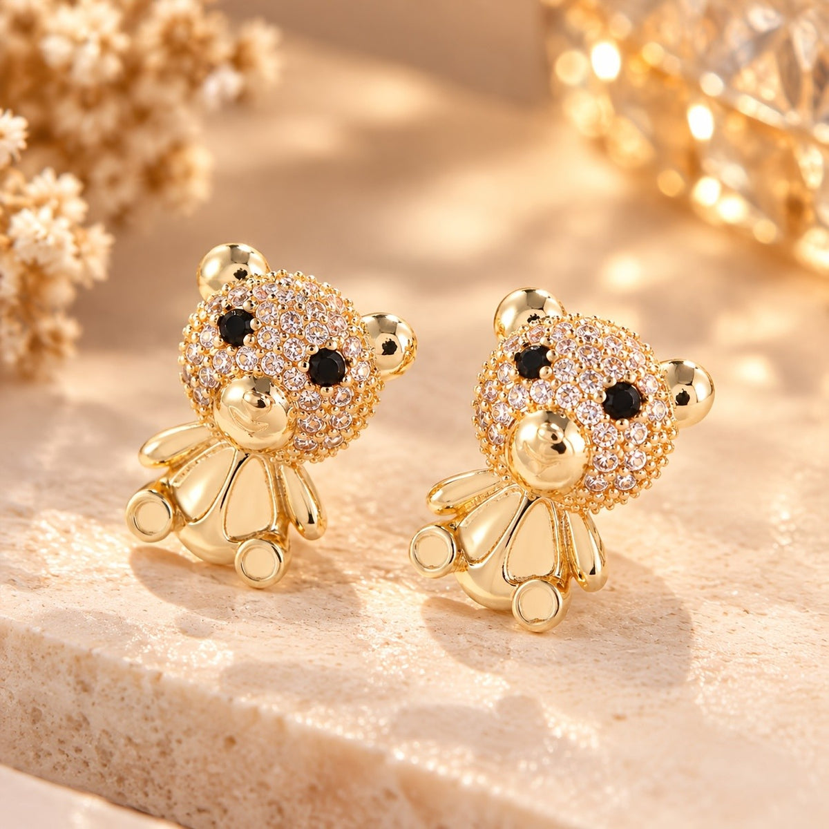 14k Dainty Zircon Bear Stud Earrings