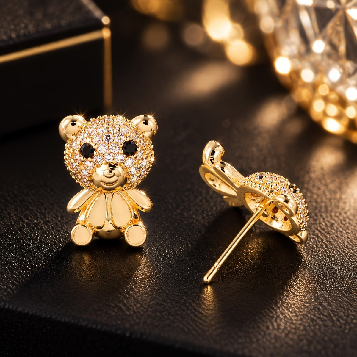 14k Dainty Zircon Bear Stud Earrings