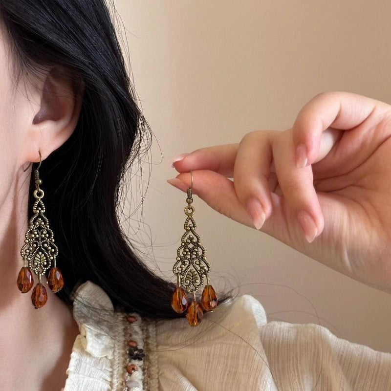 Vintage Boho Filigree Amber Drop Earrings