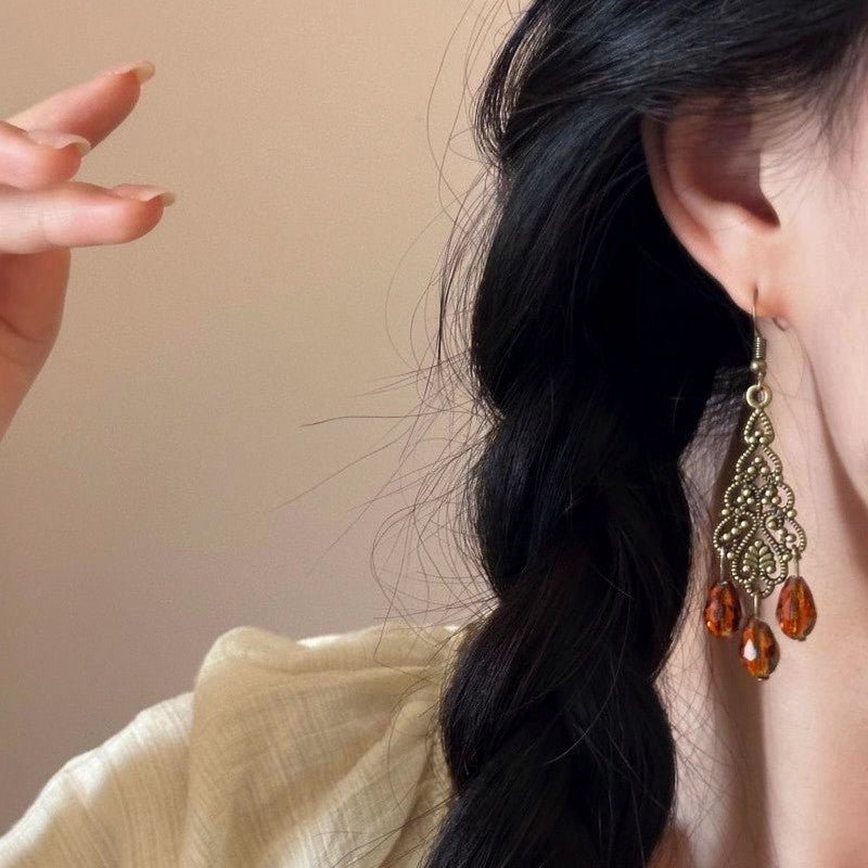 Vintage Boho Filigree Amber Drop Earrings