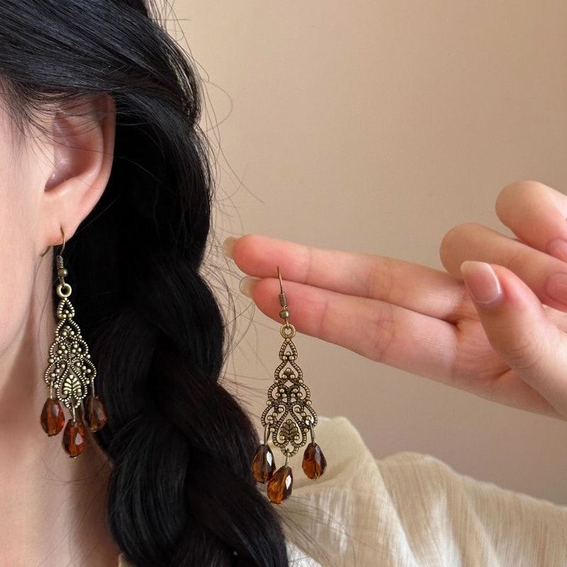 Vintage Boho Filigree Amber Drop Earrings
