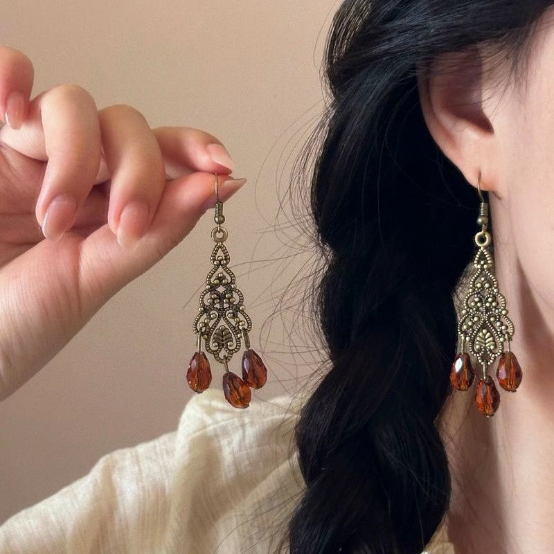 Vintage Boho Filigree Amber Drop Earrings