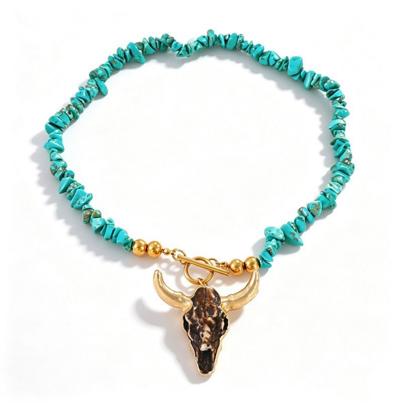 Boho Turquoise Bull Skull Necklace