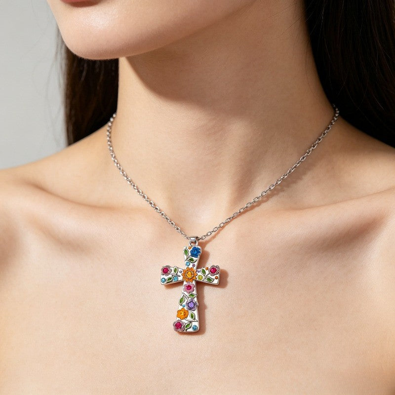 Boho Multicolor Floral Cross Necklace