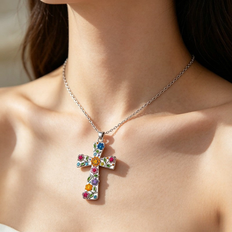 Boho Multicolor Floral Cross Necklace