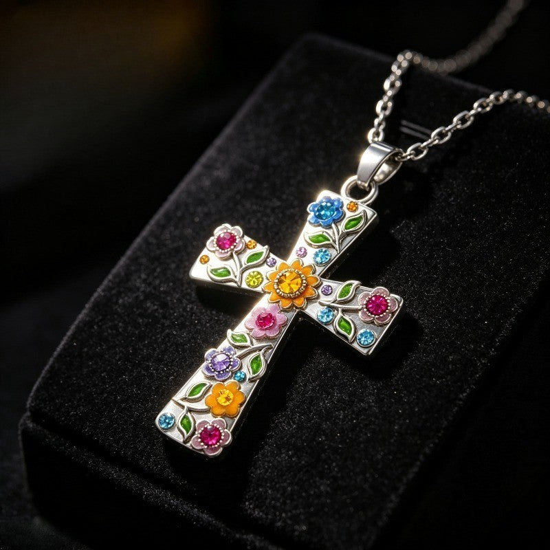 Boho Multicolor Floral Cross Necklace