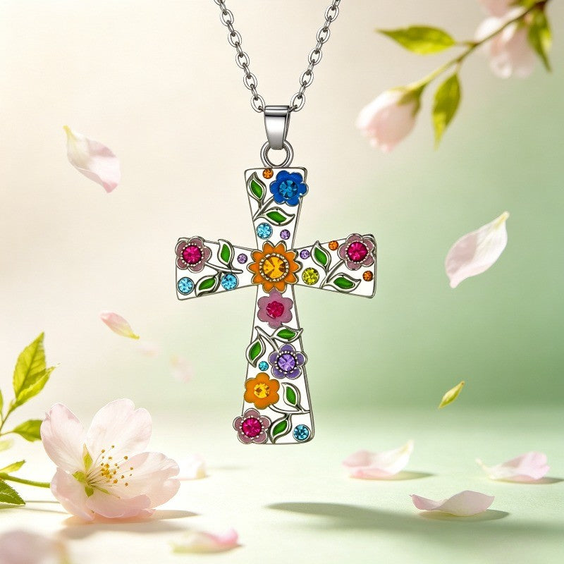 Boho Multicolor Floral Cross Necklace