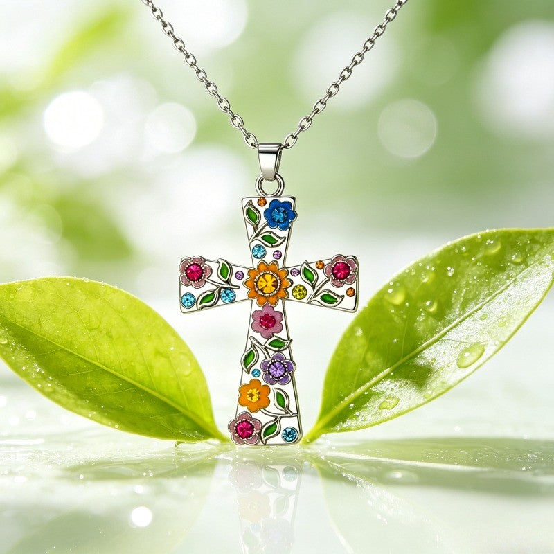 Boho Multicolor Floral Cross Necklace