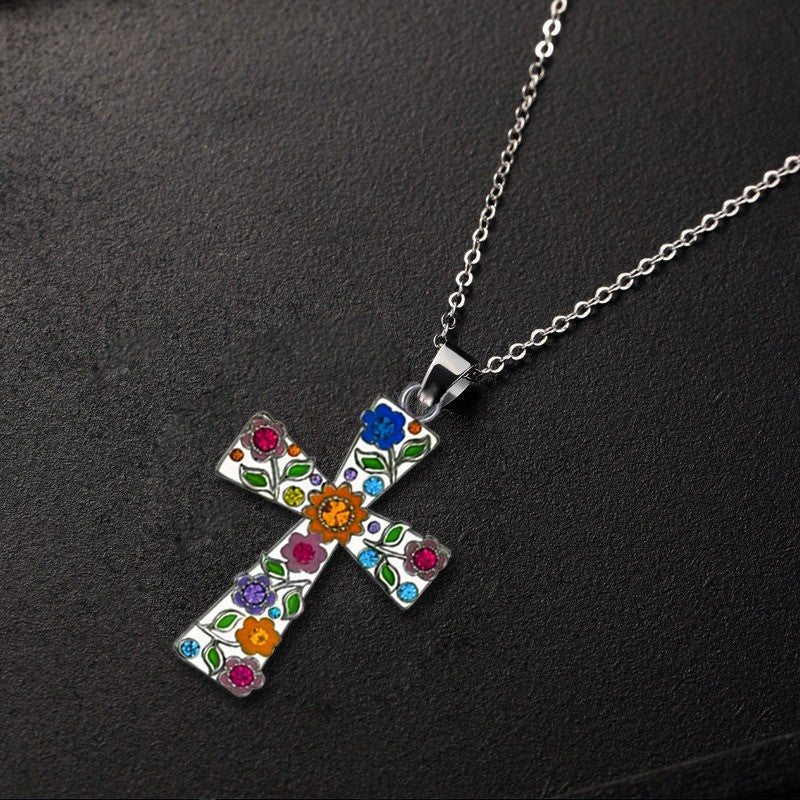 Boho Multicolor Floral Cross Necklace
