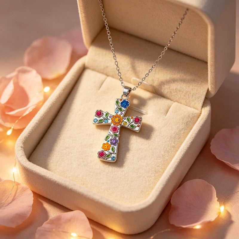 Boho Multicolor Floral Cross Necklace