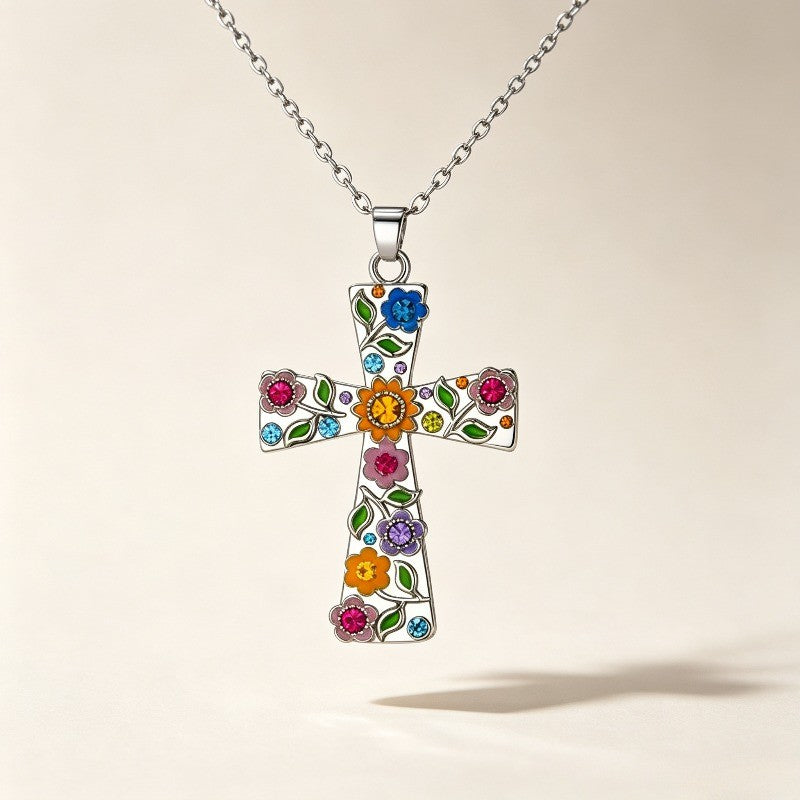 Boho Multicolor Floral Cross Necklace