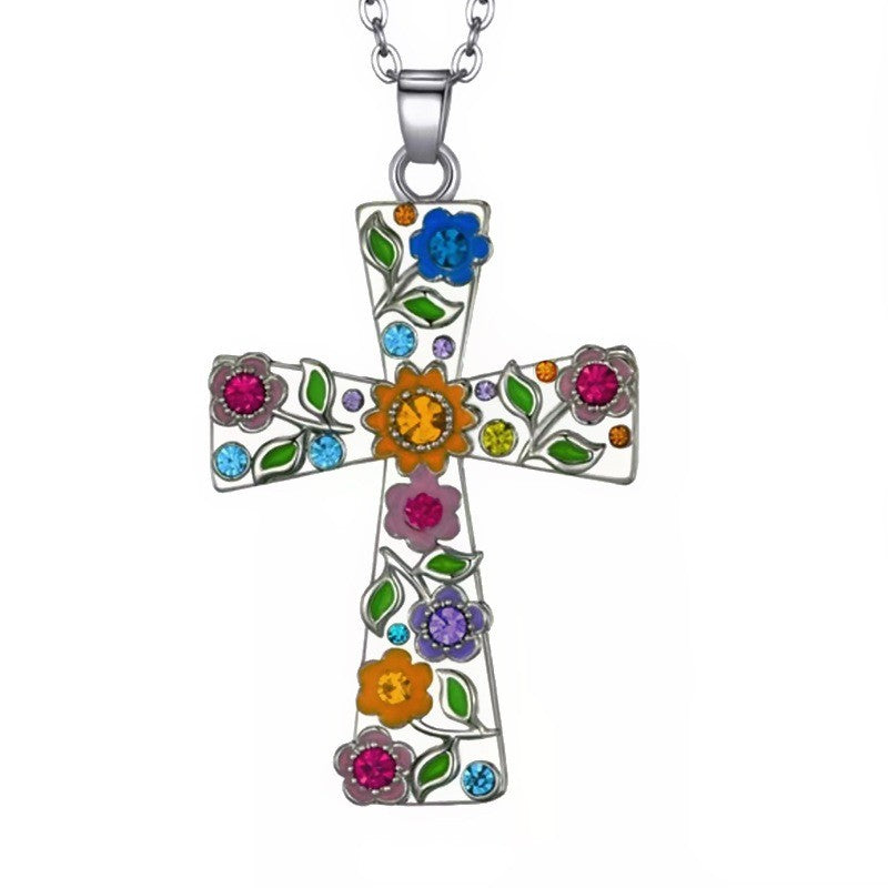 Boho Multicolor Floral Cross Necklace
