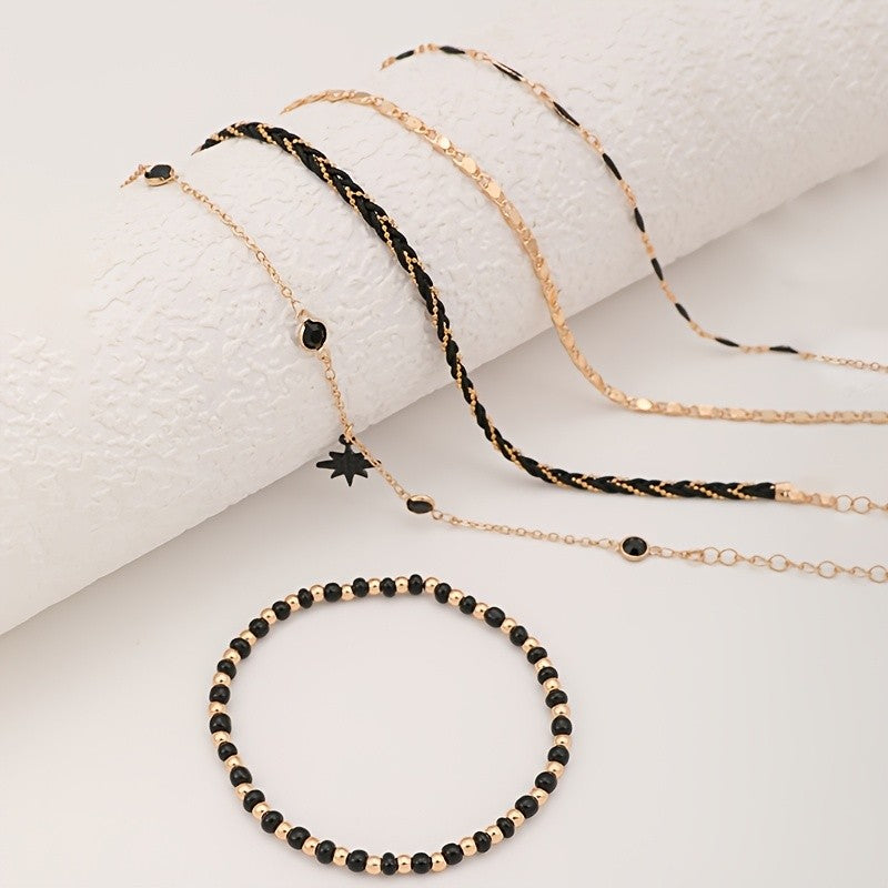 5pc Boho Woven Star Anklet Set