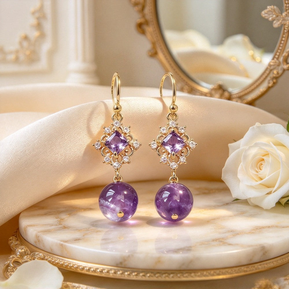 Elegant Amethyst Sphere Drop Earrings